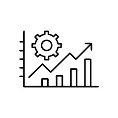 Gear and bar chart icon in line style, black and white, productivity and innovation