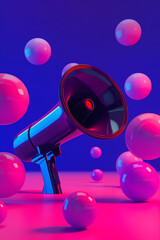 a megaphone floating among abstract spheres. Symbolizes modern communication for World Communication Day, media, or digital promotions.