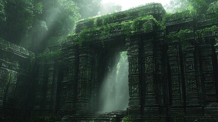 Ancient Stone Ruins Overgrown with Moss in Lush Tropical Jungle