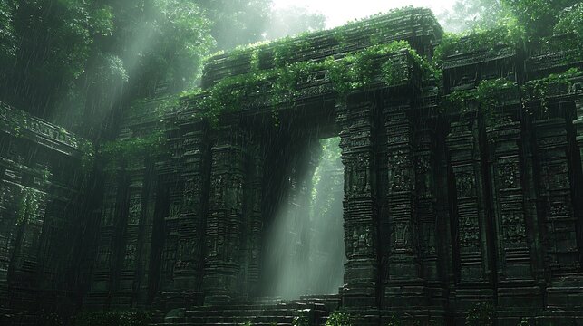 Ancient Stone Ruins Overgrown with Moss in Lush Tropical Jungle