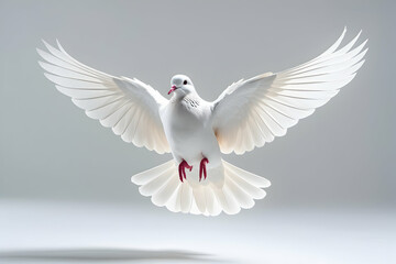 Fototapeta premium White Dove in Flight Isolated on White for Peace and Freedom Concepts Featuring a Pure Bird with Wings Spread Wide in a Graceful Flying Pose for Spirituality Imagery: White, Dove, Flight, Isolated.