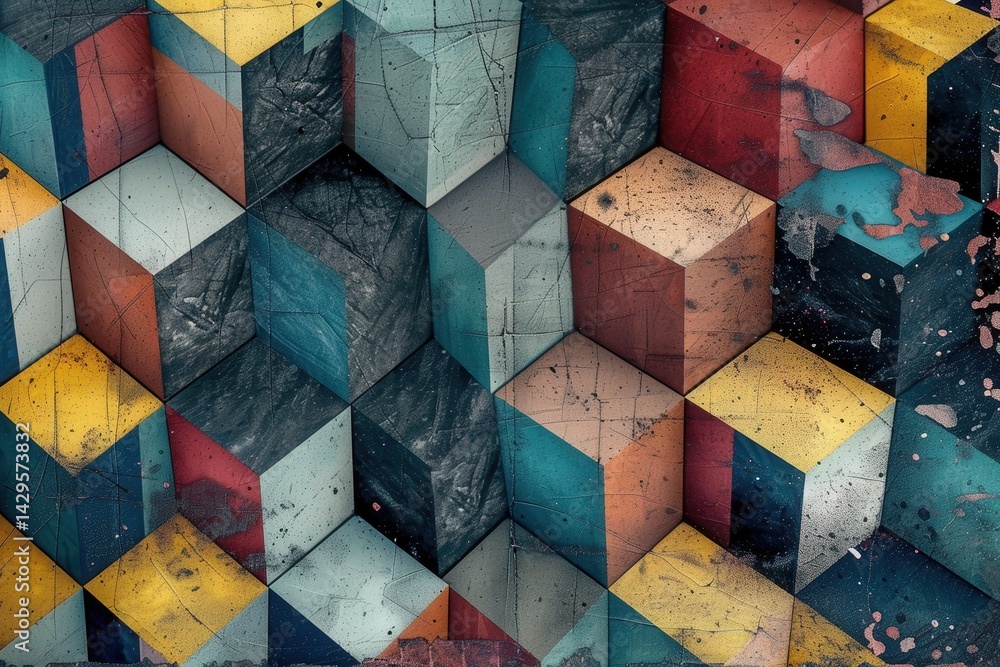 Poster vibrant geometric pattern creates a captivating visual experience with layered cubes in various colo