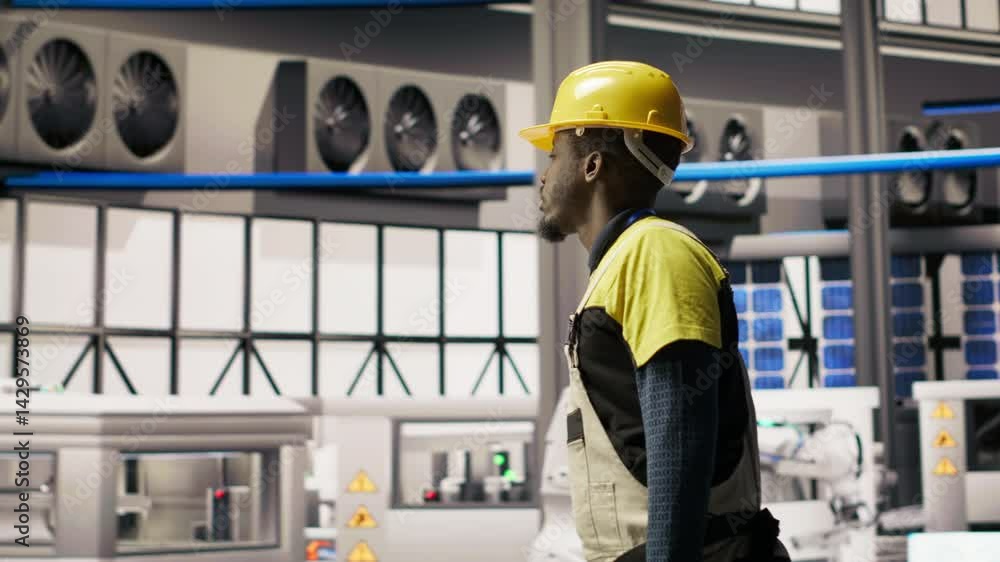 Poster engineer walking in smart solar manufacturing facility, using toolbox to calibrate high tech machine