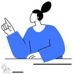 Confident woman points upward while gesturing during a conversation or discussion. Ideal for communication, leadership, instruction, explanation, teamwork, presentation, simple landing page