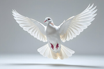 Fototapeta premium White Dove in Flight Isolated on White for Peace and Freedom Concepts Featuring a Pure Bird with Wings Spread Wide in a Graceful Flying Pose for Spirituality Imagery: White, Dove, Flight, Isolated.
