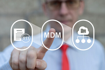 MDM or Master Data Management concept. Consistency, Accuracy, Integration, Governance, Standards, Reliability, Hierarchy, Accessibility, Compliance. Master Data Information Technology.