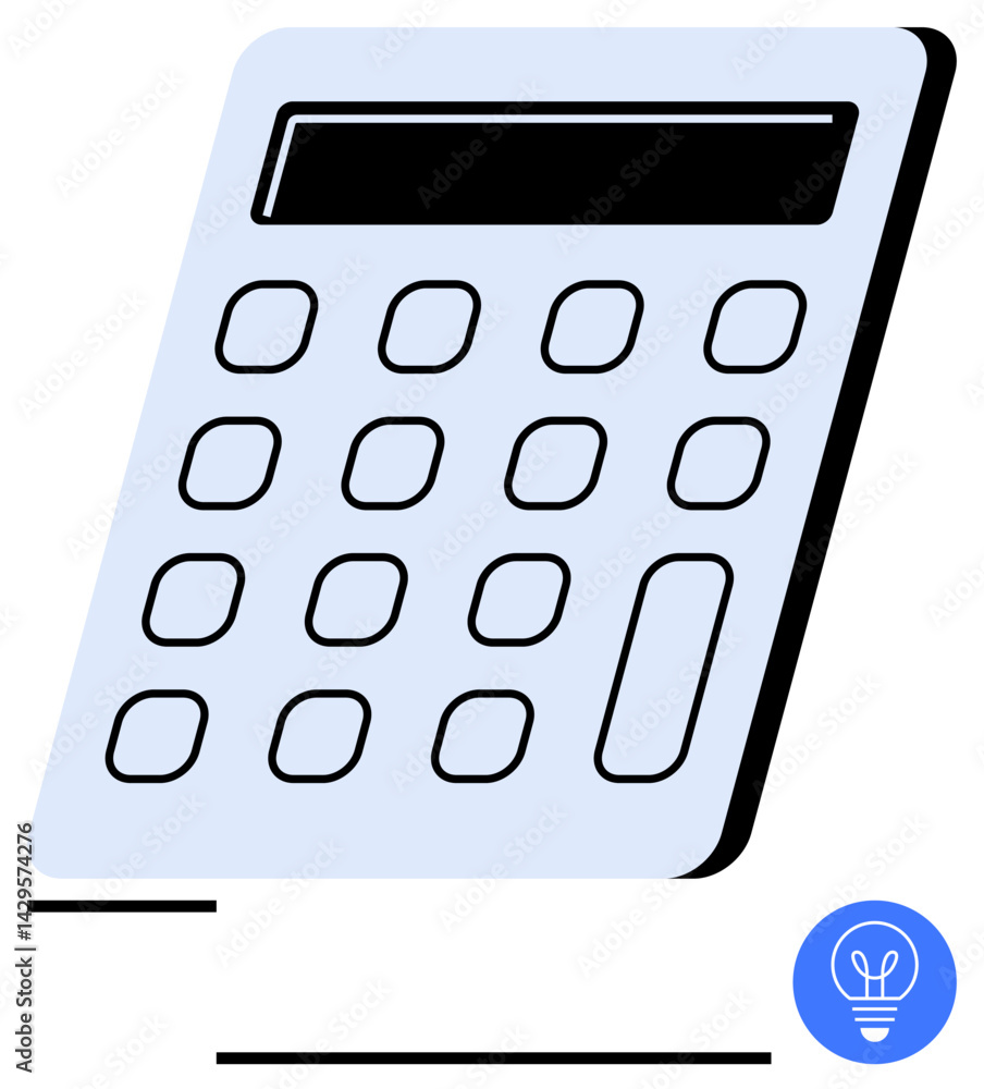 Poster calculator with digital screen and keypad, paired with a bulb icon symbolizing creativity and ideas.