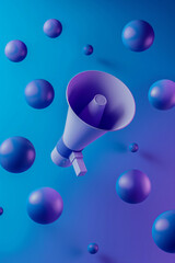 Futuristic megaphone among floating purple and blue spheres. Conceptual image for World Communication Day, social media outreach, or modern digital marketing.