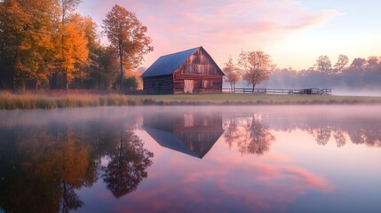 Fototapeta premium Rustic barn reflected in tranquil morning mist over a calm lake.
