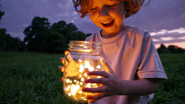 Child's joyful discovery with jar of fireflies at twilight in a lush meadow