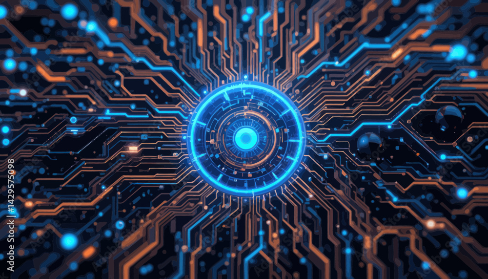 Poster abstract glowing circuit board with central node