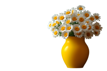 Vibrant Yellow Vase with Fresh White Daisies on a Black Background Ideal for Home Decor and Fl