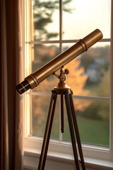 antique telescope pointing towards a window,