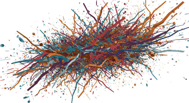 Dynamic Multicolored Branches Explosion with Splatters on a White Backdrop