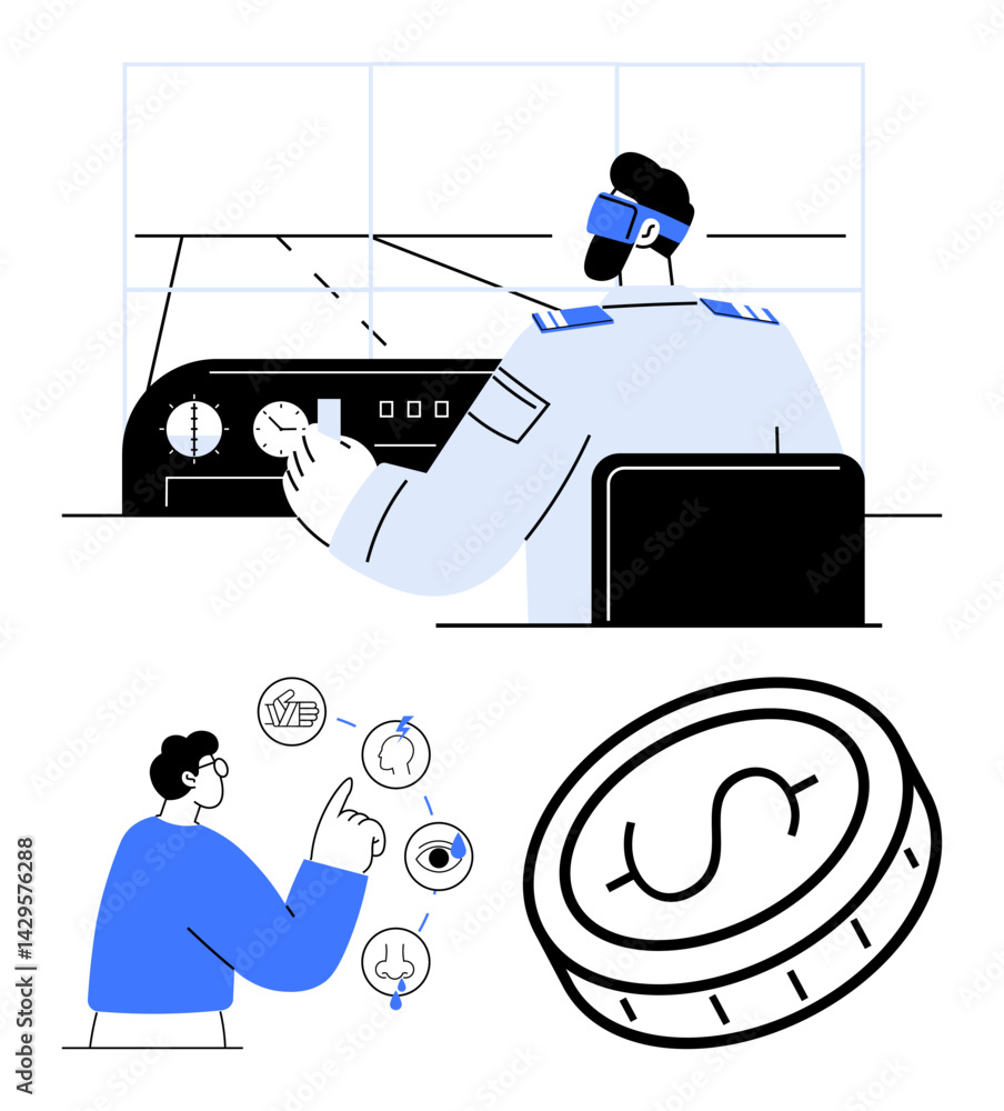 Poster pilot operating airplane controls, person reviewing data visualizations, and a coin signifying finan