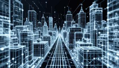 Obraz premium Futuristic Digital Cityscape at Night Wireframe Design