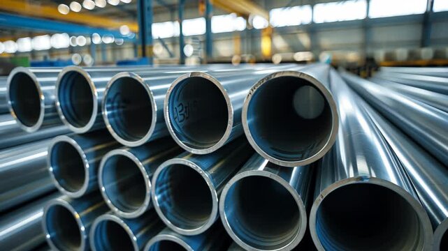 Galvanized steel pipes stacked in orderly rows within a warehouse, showcasing strength. Ai Generated.