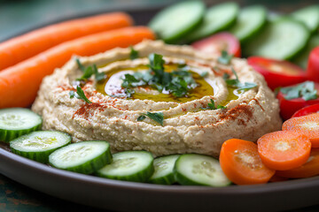 close-up of a homemade hummus and veggie plate,
