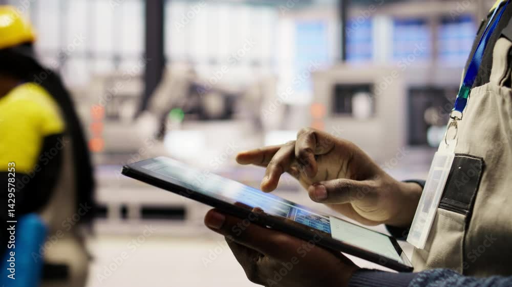 Poster close up of engineer using tablet to design solar panels factory layouts, utilizing cad software and