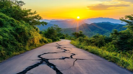 Cracked Asphalt Road Leading Towards Majestic Mountain Sunset