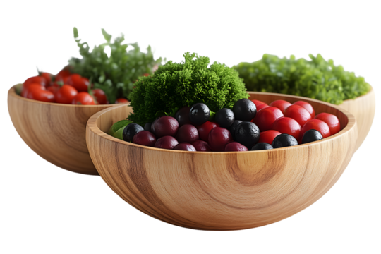 Wooden bowls with assorted fruits and vegetables