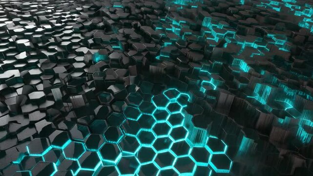 Hex grid glowing motion across a dark tech surface for tech background