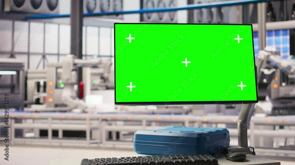 Poster robotics software on mockup display in smart factory used to inspect machinery for operational integ
