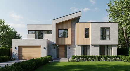 Suburban modern house with asymmetric volumes, light gray stone cladding, light oak wood panels, black-framed large windows, sculpted lawn and box hedges, captured on a clear spring morning in photore