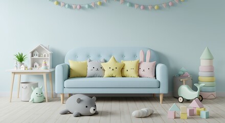 Pastel Playroom Design Light Blue Sofa with Adorable Animal Pillows Toys and Soft Lighting Perfect for