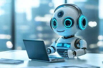 Fototapeta premium AI robot working on laptop.