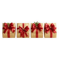 Golden gift boxes with shiny red ribbons arranged in festive row for celebration isolated on transparent background