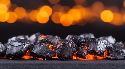 Glowing embers and dark coal, against a bokeh background of warm, golden lights