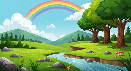 Serene rainbow over lush green valley gentle rain meandering river vibrant trees soft light idyllic