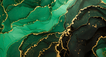 Fototapeta premium Luxurious Emerald Green and Gold Abstract Fluid Art Background, Marble Texture for Design.