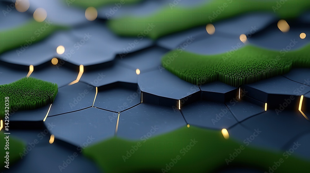 Poster abstract hexagonal pattern with glowing lights and green accents