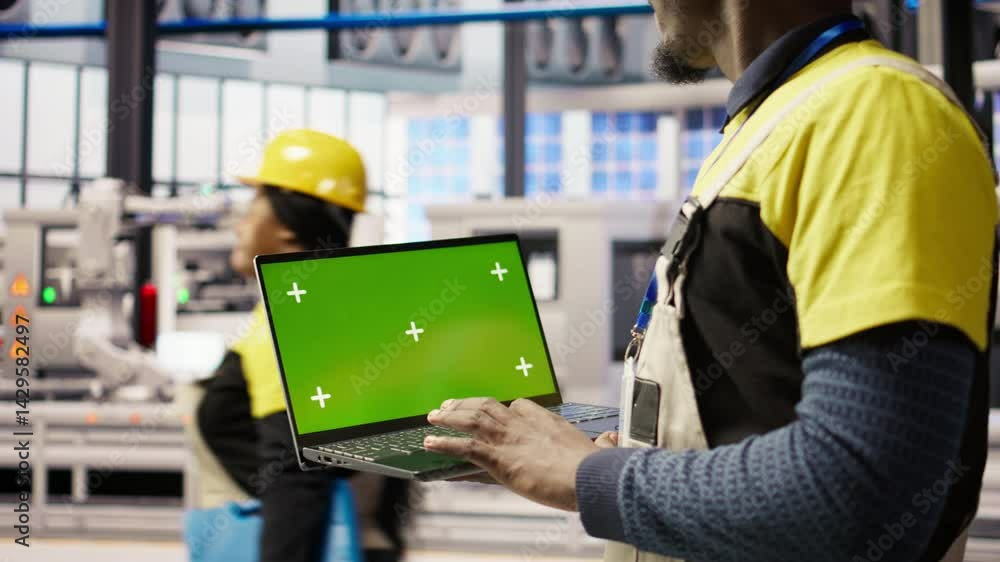 Poster smart factory mechanic testing automated systems using isolated screen laptop, doing maintenance. in