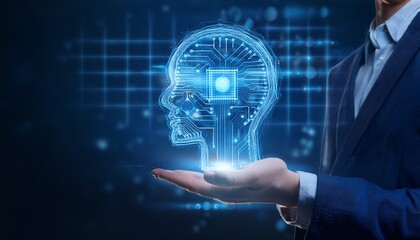 A man in a suit holds a translucent hologram of an AI robot head in his hand