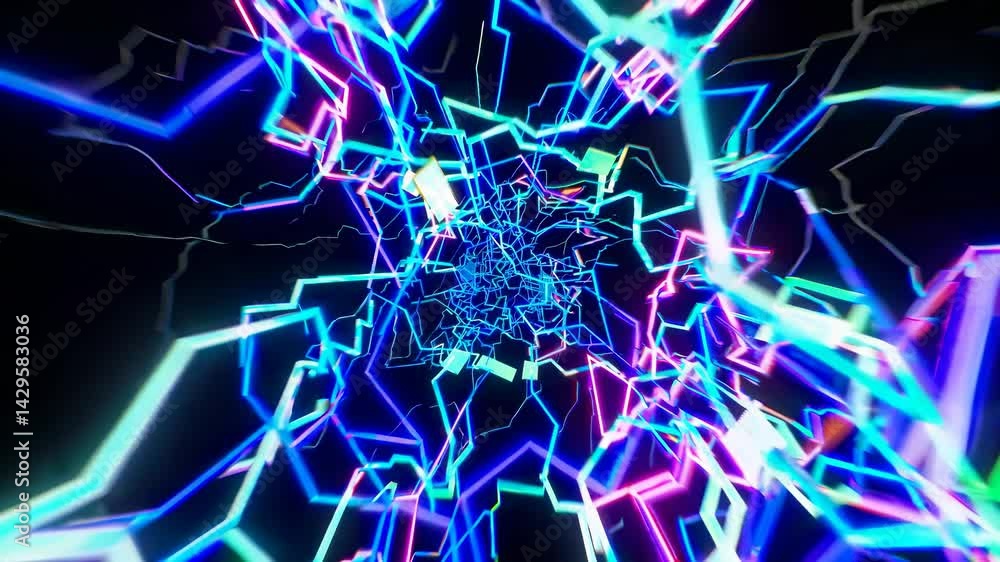 Poster a complex network of neon lines and shapes creates an abstract visual, resembling a digital or cyber