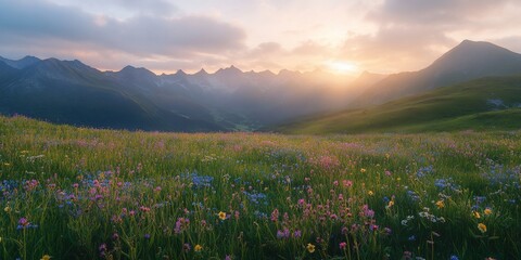 Idyllic alpine meadow blooming with wildflowers under a radiant sunrise