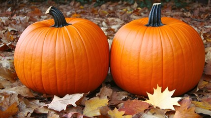 Two Pumpkins Autumn Fall Leaves Thanksgiving