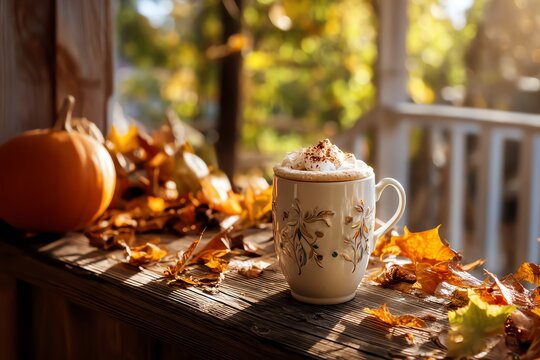 fresh pumpkin spice latte in autumn mug on a rustic porch, surrounded by colorful fall leaves, warm sunlight, cozy fall vibes