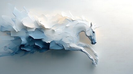 Abstract White Horse in Motion, Blue and White Hues, Dynamic Digital Art