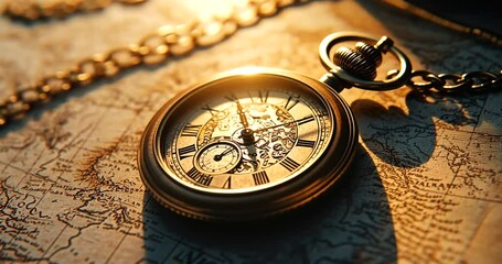 Vintage pocket watch on antique map with soft lighting