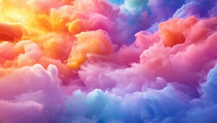 Fototapeta premium Vibrant, colorful, abstract cloudscape. Soft, fluffy, ethereal, and dynamic hues of pastel colors blend together in a swirling, dreamlike display. Sunlight seems to emanate from within the clouds