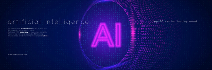 Ai Dots Background. Abstract Tech Bg For Artificial Intelligence And Big Data Concept With Neon Lines, Numbers And Waves. Innovative Dark Background With 3D Sphere Effect. Blue Ai Dots Background.