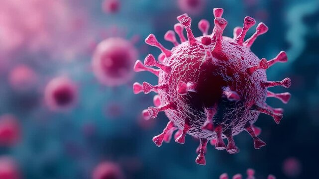 A close-up view of a pink and red virus particle with spike proteins against a blurred blue and pink background, illustrating the microscopic details of a viral structure.