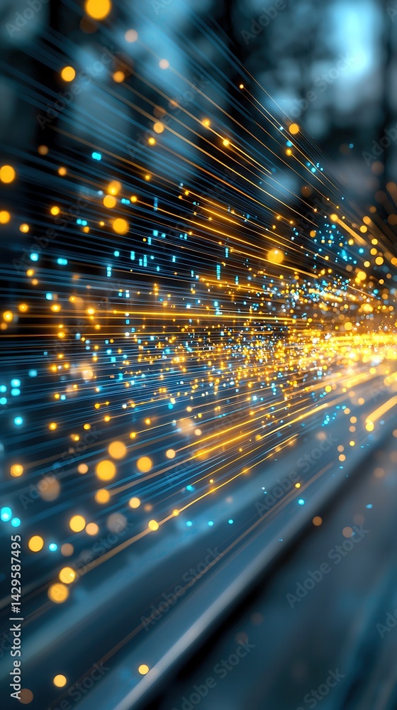 Poster abstract digital data stream with glowing golden and blue particles