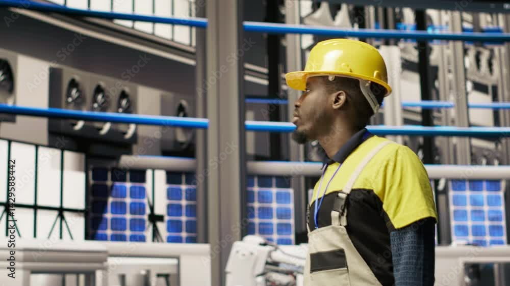 Poster man holding toolbox walking in factory, inspecting systems, ensuring machinery operates at optimal e