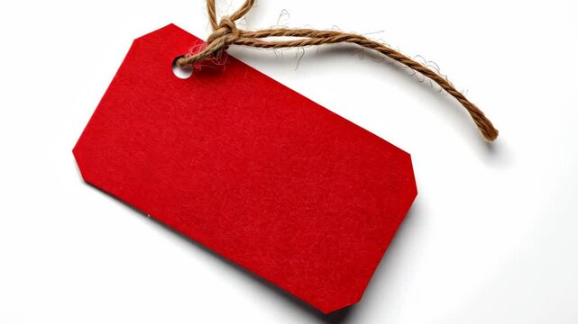 Xmas Red Gift Tag with Brown String on White Background for Holiday and Celebration Design Themes