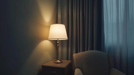 Dimly lit table lamp illuminates a corner nook.